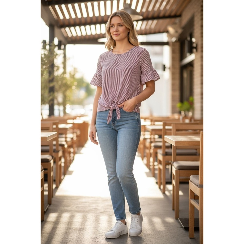 C'est La Vie Womens Pink Striped Knit Top M Scoop Neck Tie Detail Blouse flutter